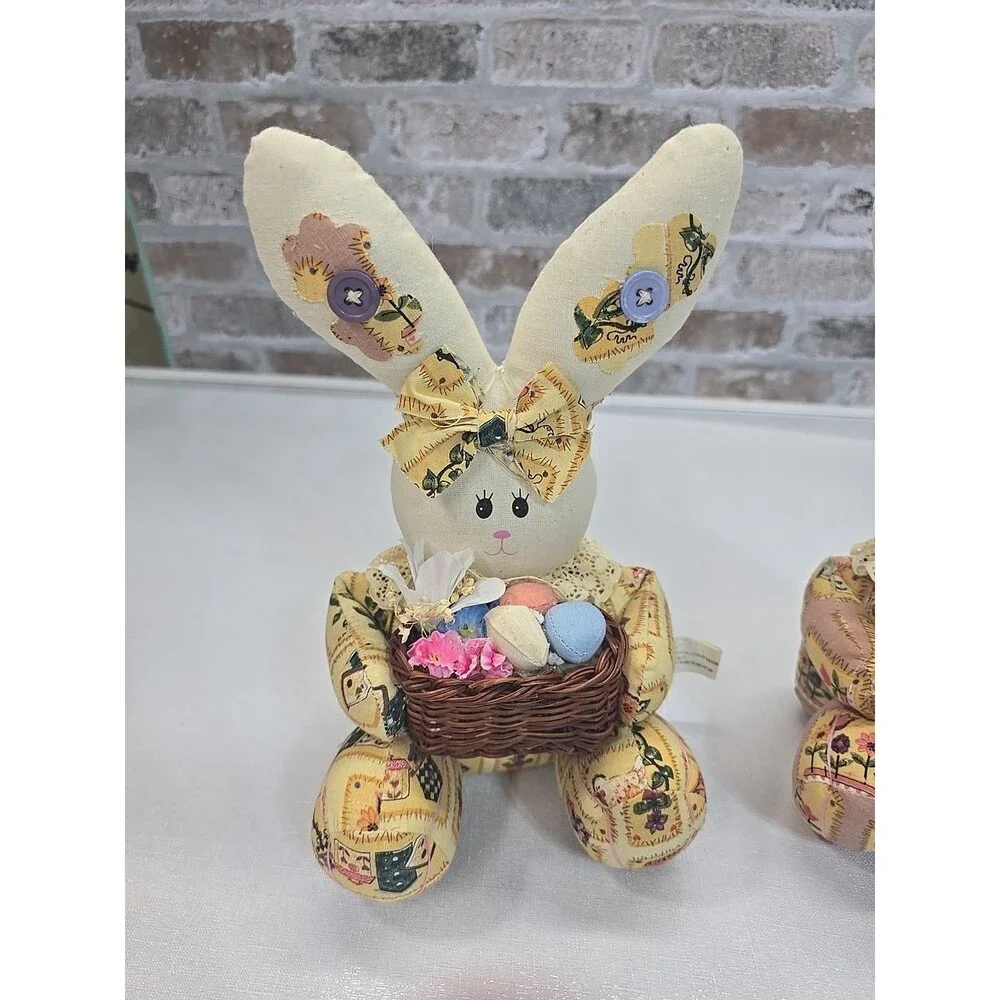 2-VTG 1999 Anco Cloth Bunny Rabbit Plush Basket W/ Easter Eggs Granny Core